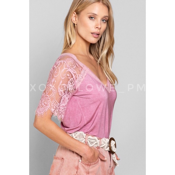1 S POL Pinky Buttery Soft Lace Sleeve V Neck Tee - Picture 3 of 15
